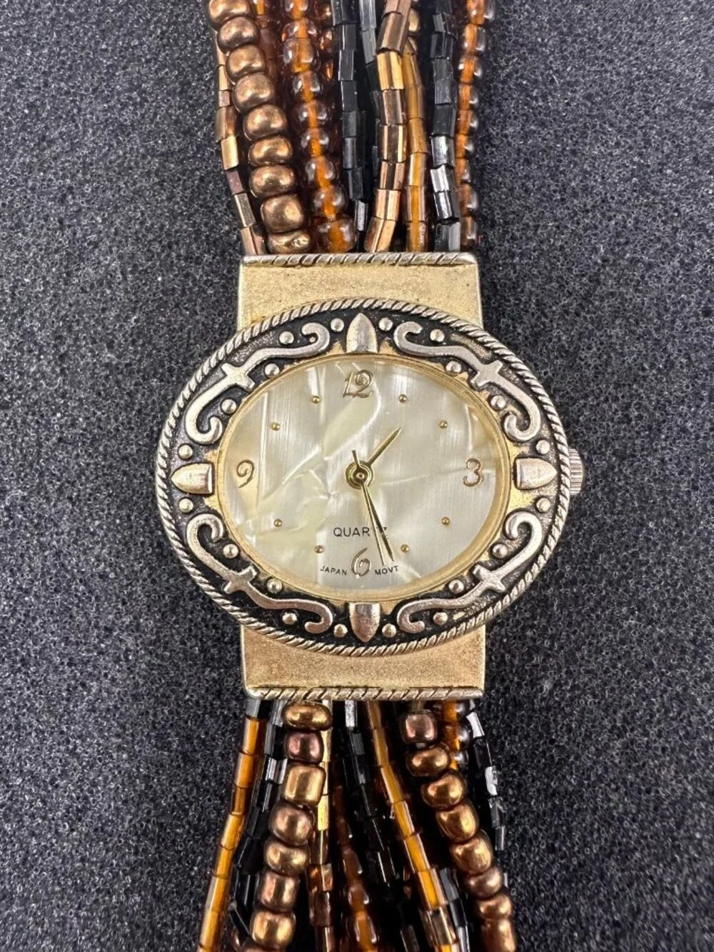 Womens Watch Gold Tone Brown Beaded Multi Chain Toggle Clasp New Battery